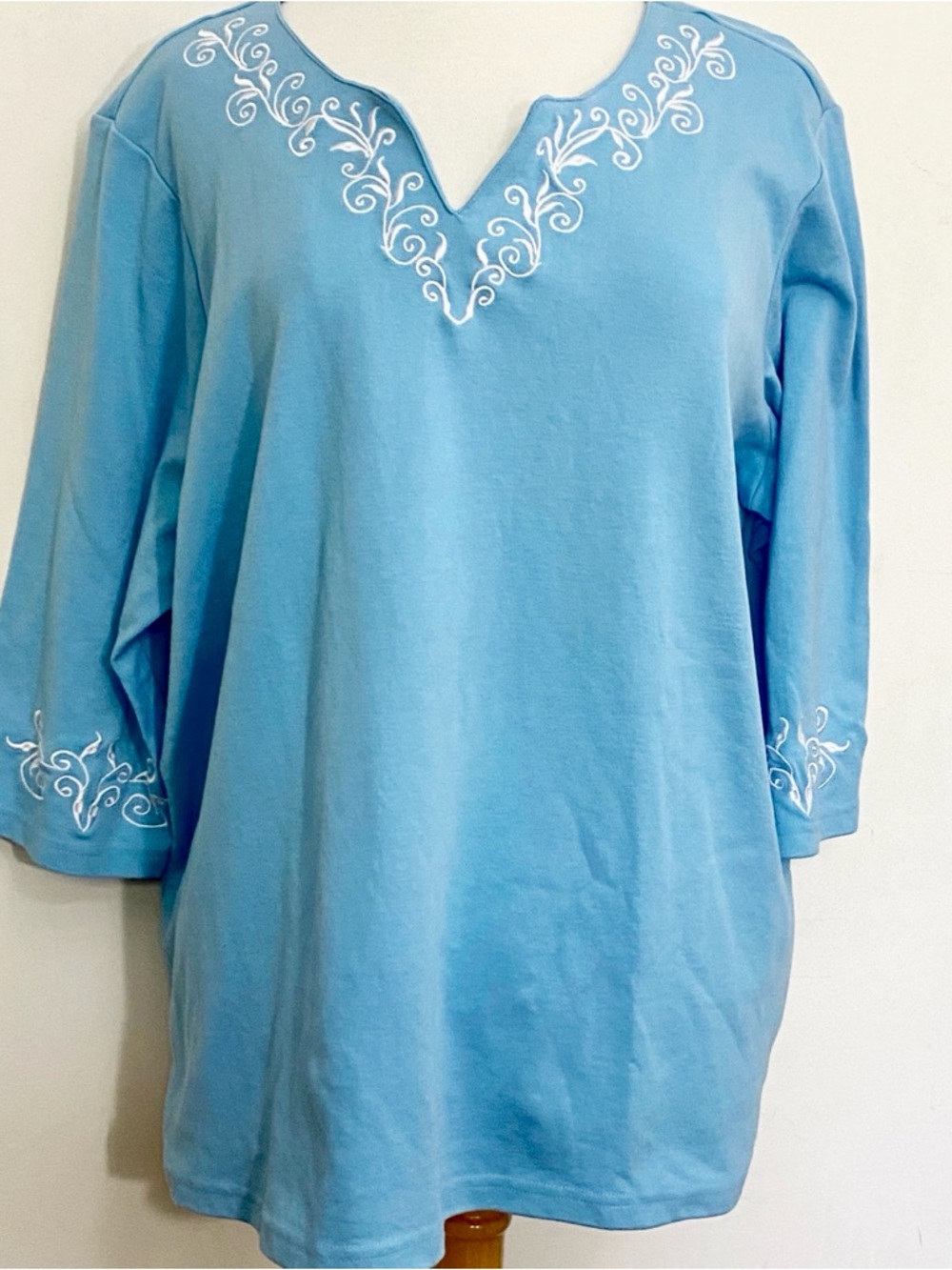 Blair Embroidered V‑Neck and Wrists Cotton Blend Blue Women's Top 3X